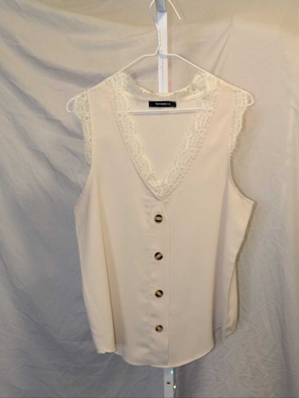 Romantichut Cream Lace Trim V-Neck Sleeveless Blouse - Size S Fits Med/Large